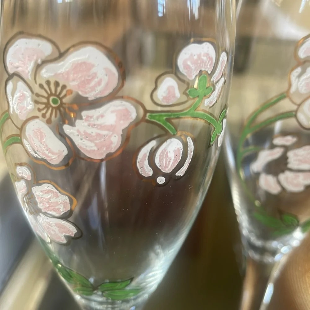 Perrier-Jouët Empty Champagne Bottle with Hand Painted Floral Glasses